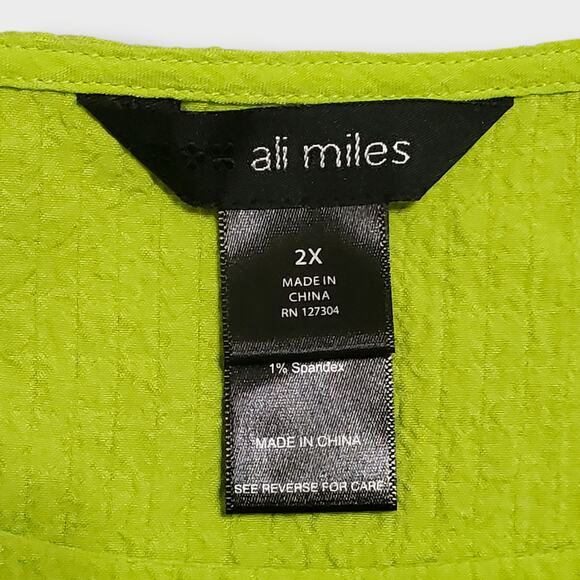 Ali Miles 2X Neon Green Crinkled Button Decor Asymmetric Tunic Top Lagen Artsy - Picture 6 of 12
